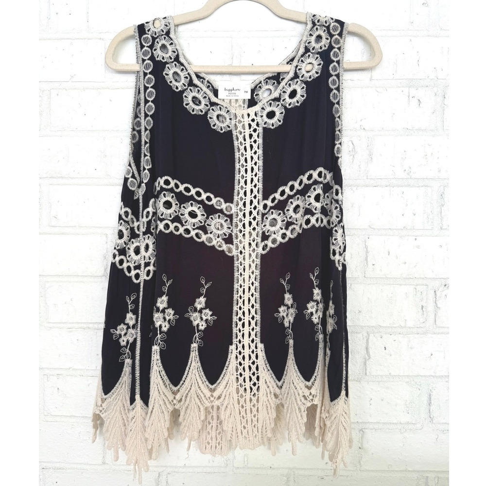 Black and Cream Lace Embroidered Crochet Tank Top Bohemian Chic Petite Medium